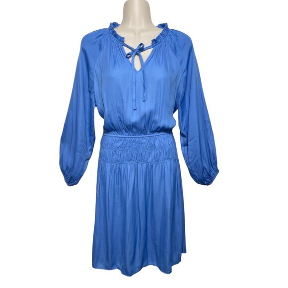 Loft Long-Sleeve Elastic Waist‎ Mini Dress With Tie Neck in Blue Size 2 - Picture 2 of 7
